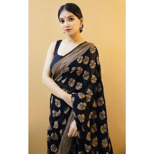 Generic Women's Soft Litchi Silk Jacquard Work Saree With Unstitched Blouse 5.5Mtr (Black)