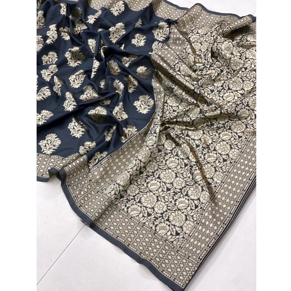 Generic Women's Soft Litchi Silk Jacquard Work Saree With Unstitched Blouse 5.5Mtr (Black)