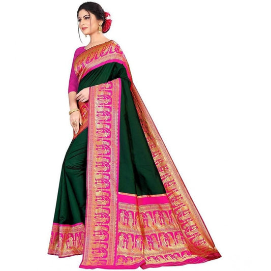 Generic Women's Soft Litchi Silk Jacquard Work Saree With Unstitched Blouse 5.5Mtr (Green)