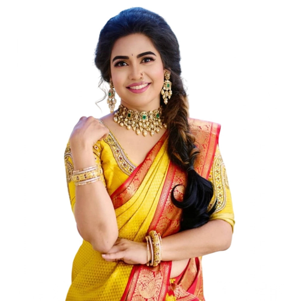 Generic Women's Soft Litchi Silk Jacquard Work Saree With Unstitched Blouse 5.5Mtr (Yellow)
