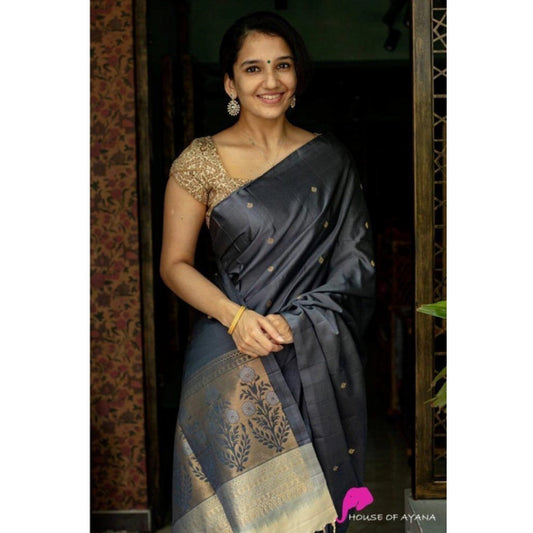 Generic Women's Soft Litchi Silk Jacquard Work Saree With Unstitched Blouse 5.5Mtr (Gray)