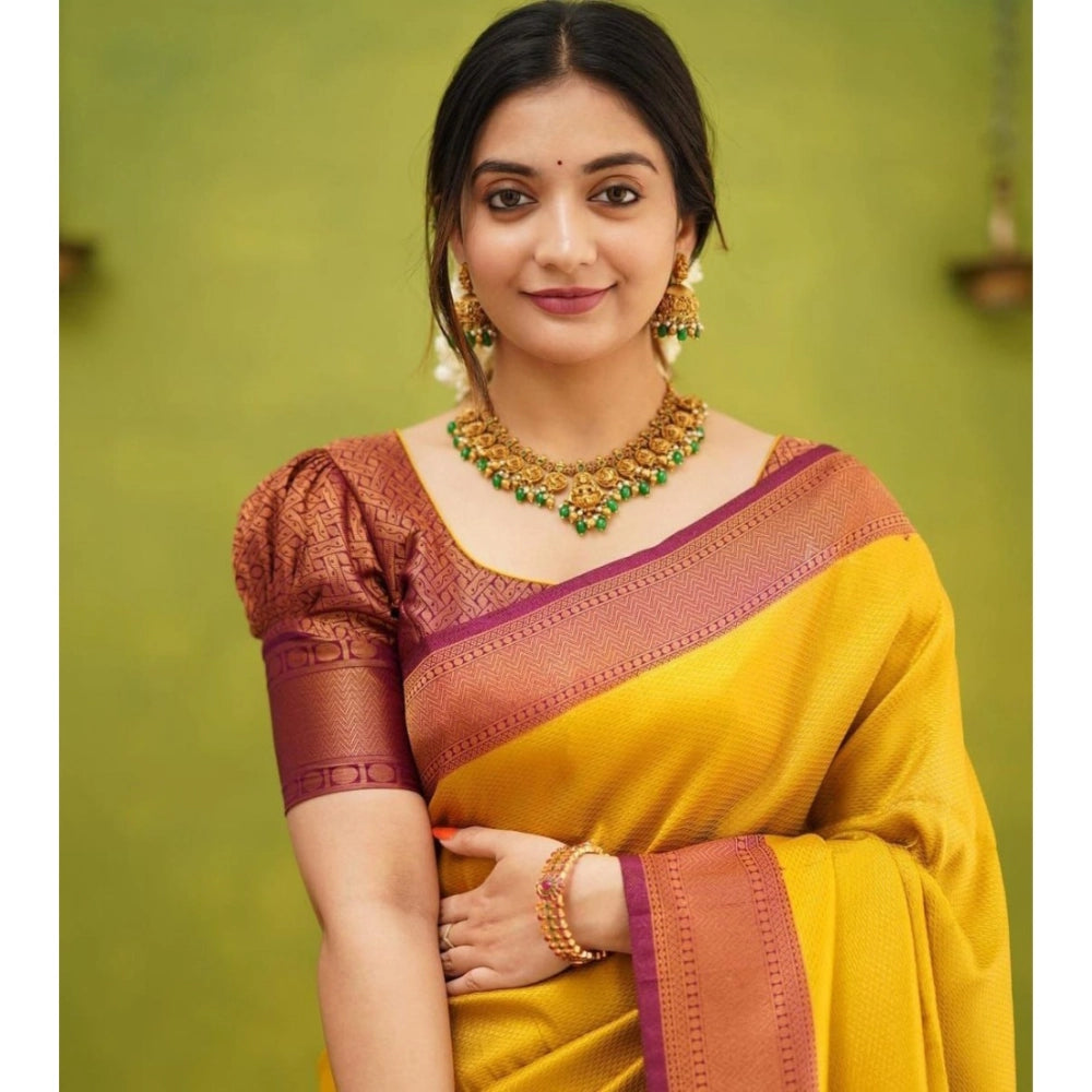 Generic Women's Soft Litchi Silk Jacquard Work Saree With Unstitched Blouse 5.5Mtr (Yellow)