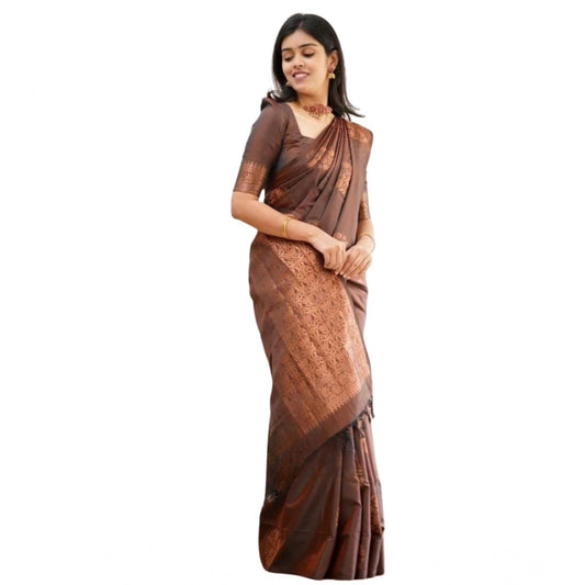 Generic Women's Soft Litchi Silk Jacquard Work Saree With Unstitched Blouse 5.5Mtr (Brown)