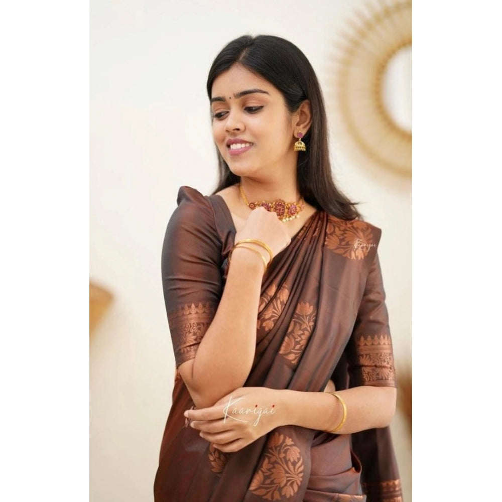 Generic Women's Soft Litchi Silk Jacquard Work Saree With Unstitched Blouse 5.5Mtr (Brown)