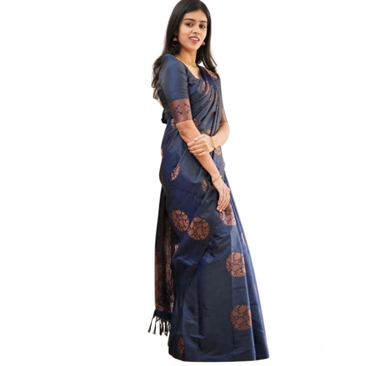 Generic Women's Soft Litchi Silk Jacquard Work Saree With Unstitched Blouse 5.5Mtr (Blue)