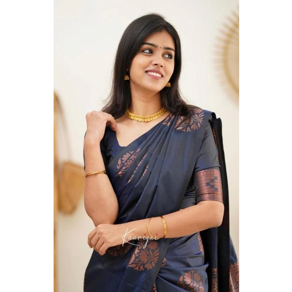 Generic Women's Soft Litchi Silk Jacquard Work Saree With Unstitched Blouse 5.5Mtr (Blue)