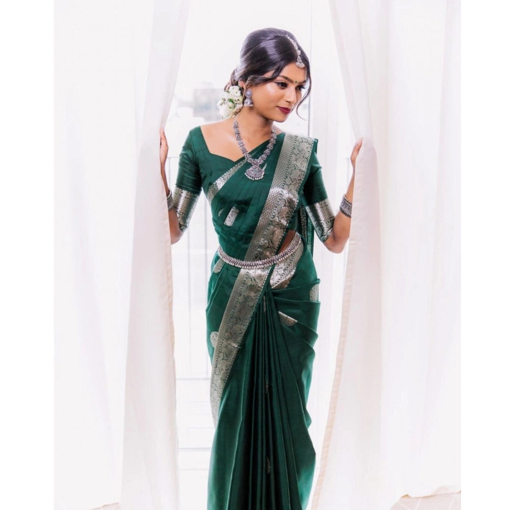 Generic Women's Soft Litchi Silk Jacquard Work Saree With Unstitched Blouse 5.5Mtr (Green)