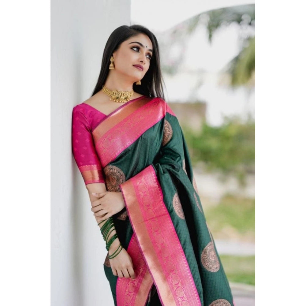 Generic Women's Soft Litchi Silk Jacquard Work Saree With Unstitched Blouse 5.5Mtr (Green)