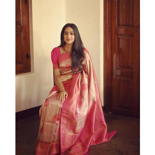 Generic Women's Soft Litchi Silk Jacquard Work Saree With Unstitched Blouse 5.5Mtr (Pink)