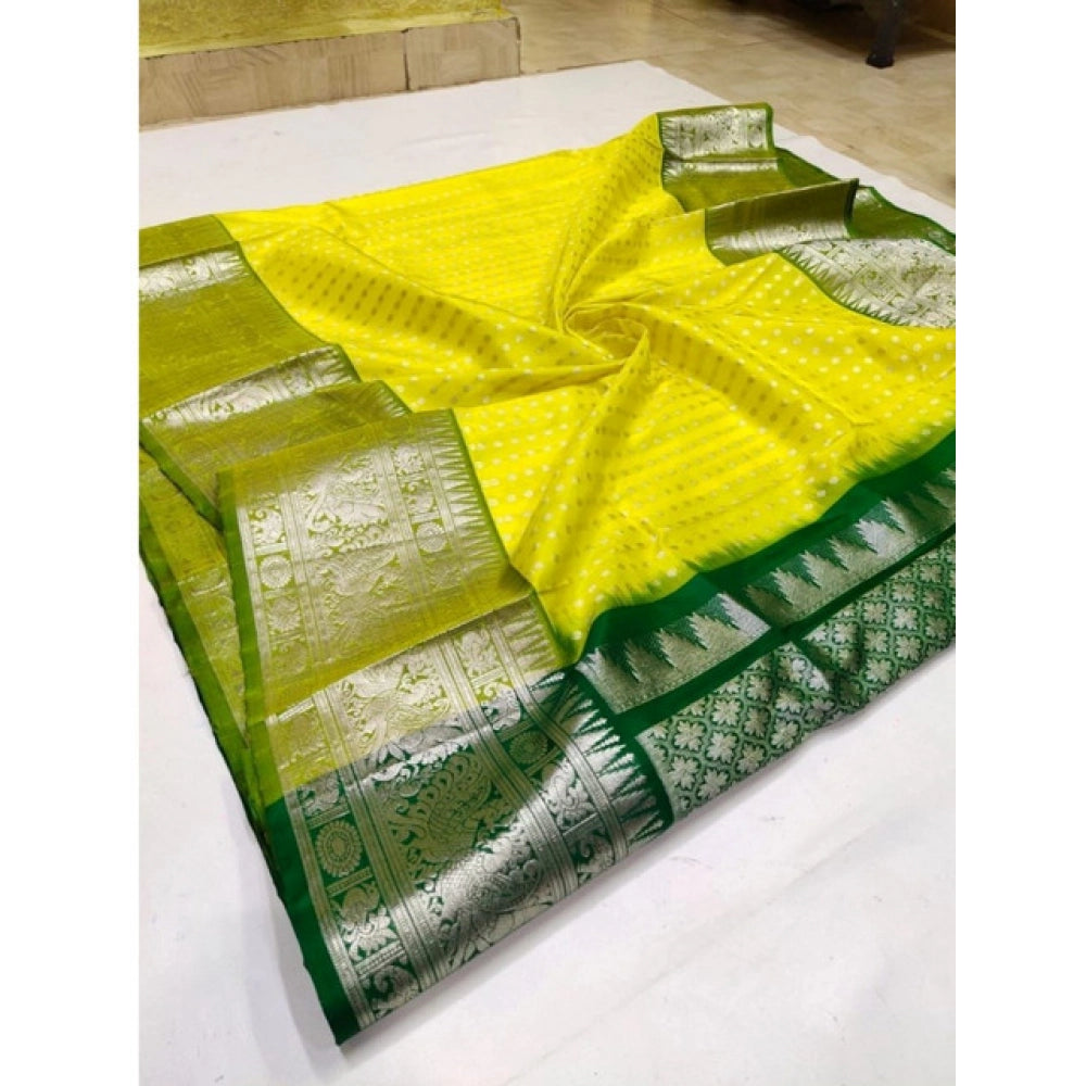 Generic Women's Soft Litchi Silk Jacquard Work Saree With Unstitched Blouse 5.5Mtr (Yellow)