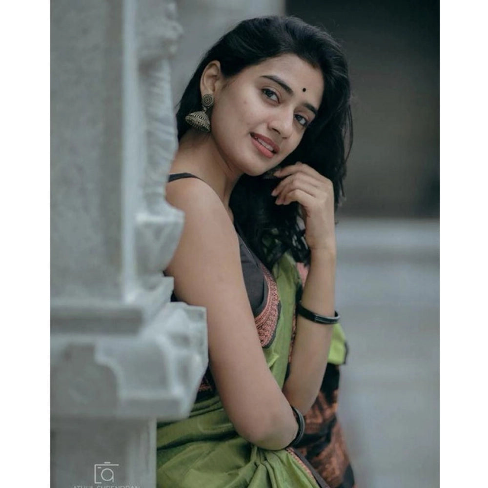 Generic Women's Soft Litchi Silk Jacquard Work Saree With Unstitched Blouse 5.5Mtr (Light Green)