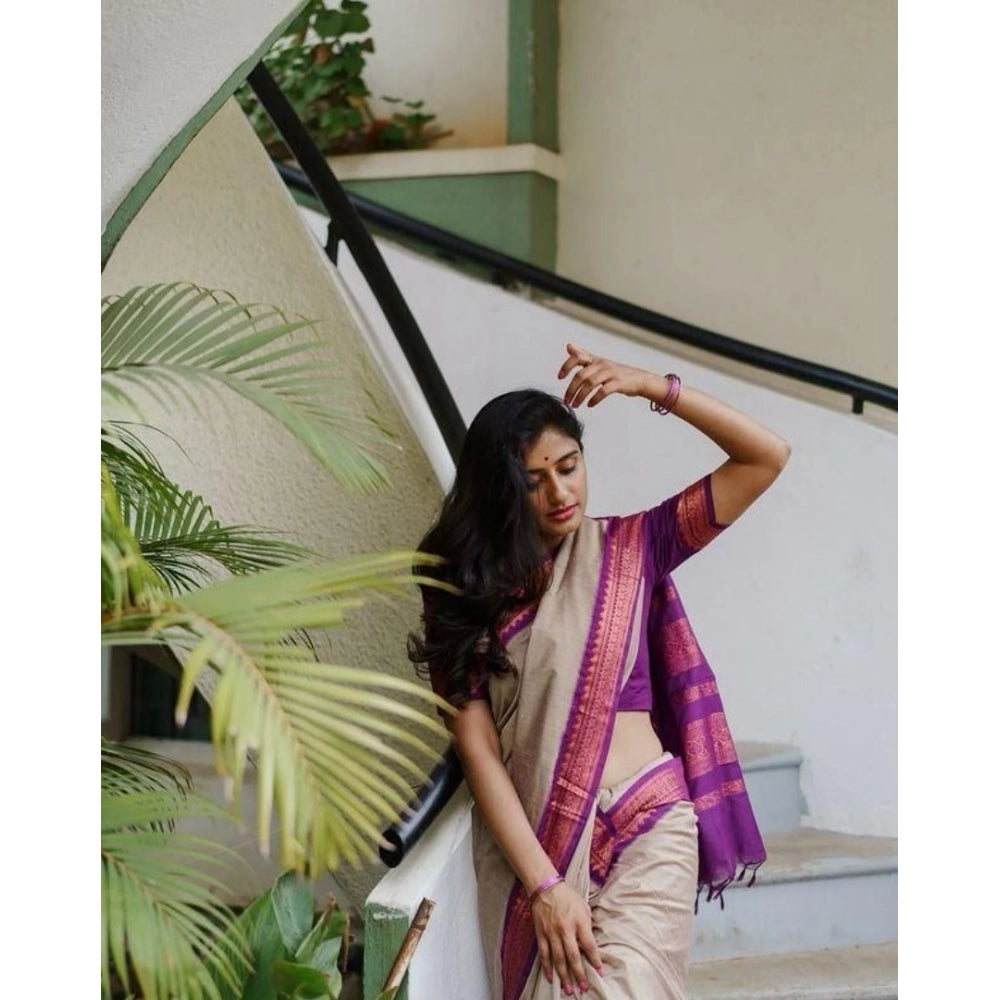 Generic Women's Soft Litchi Silk Jacquard Work Saree With Unstitched Blouse 5.5Mtr (Gray)