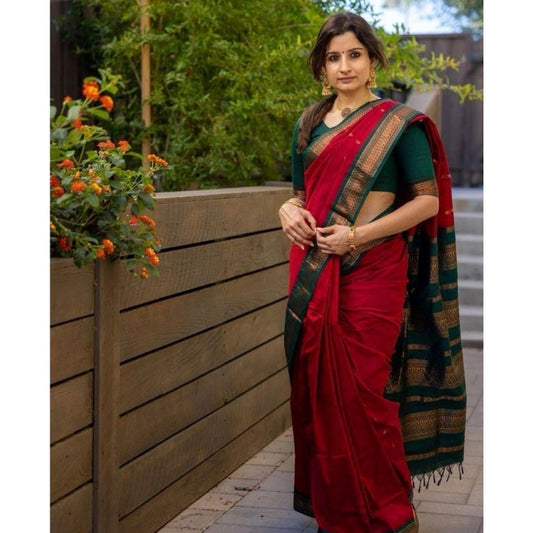 Generic Women's Soft Litchi Silk Jacquard Work Saree With Unstitched Blouse 5.5Mtr (Red)