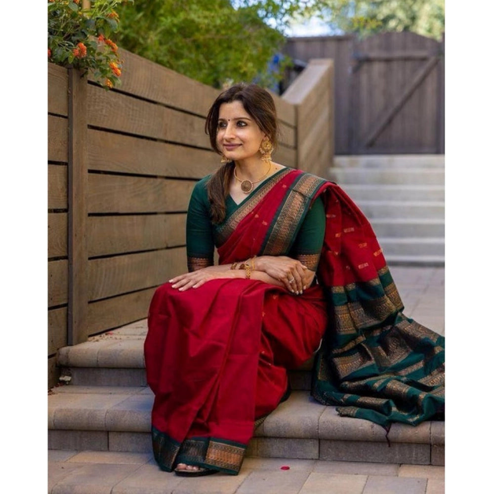 Generic Women's Soft Litchi Silk Jacquard Work Saree With Unstitched Blouse 5.5Mtr (Red)