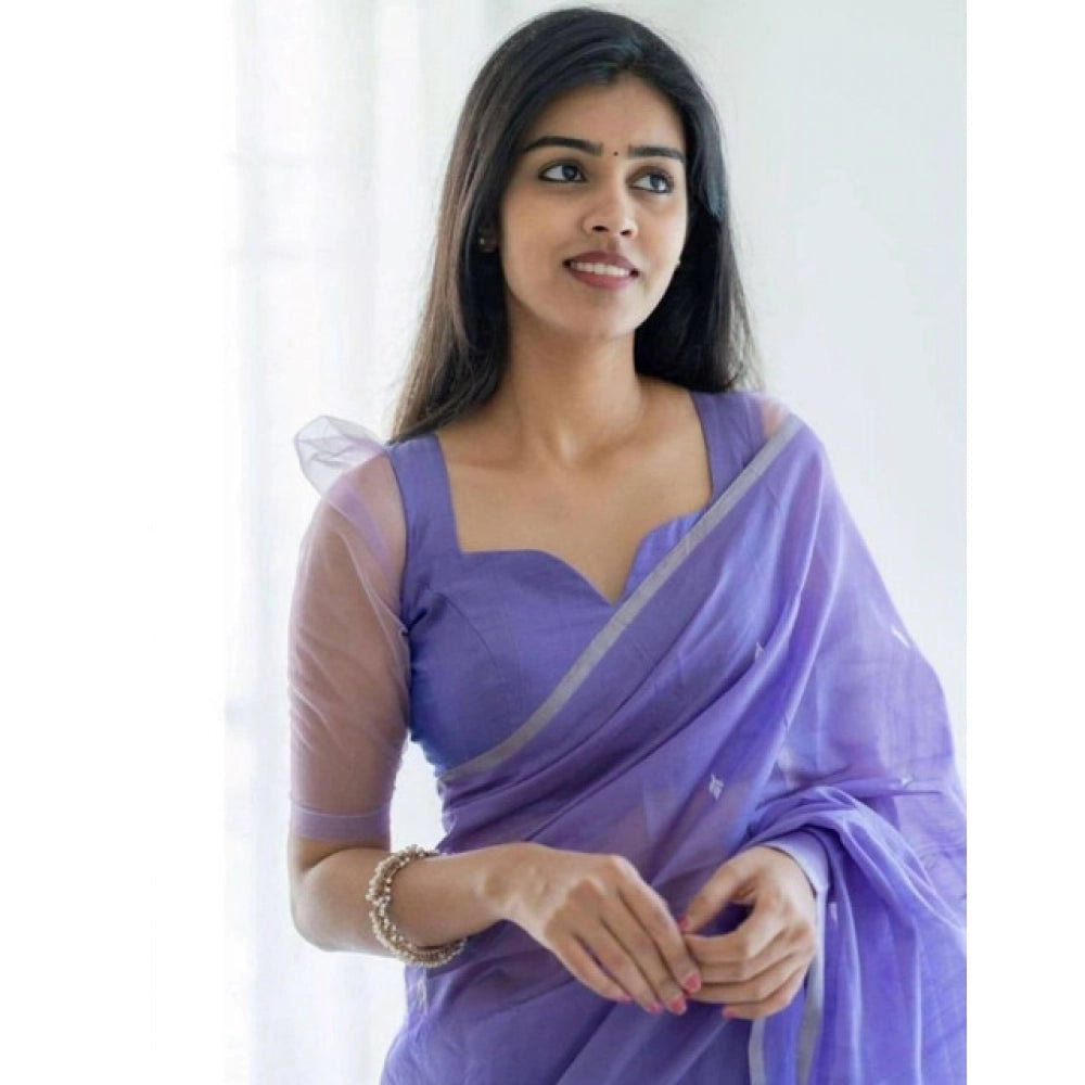 Generic Women's Soft Litchi Silk Jacquard Work Saree With Unstitched Blouse 5.5Mtr (Purple)