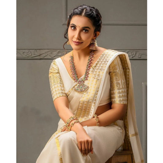 Generic Women's Soft Litchi Silk Jacquard Work Saree With Unstitched Blouse 5.5Mtr (White)