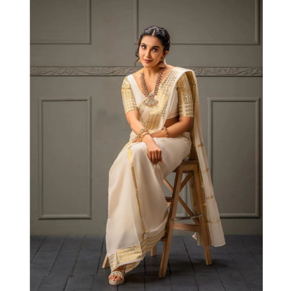 Generic Women's Soft Litchi Silk Jacquard Work Saree With Unstitched Blouse 5.5Mtr (White)