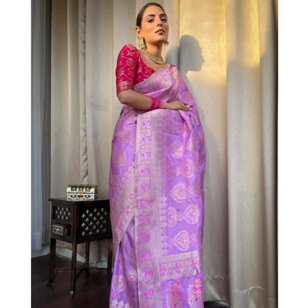 Generic Women's Soft Litchi Silk Jacquard Work Saree With Unstitched Blouse 5.5Mtr (Lavender)