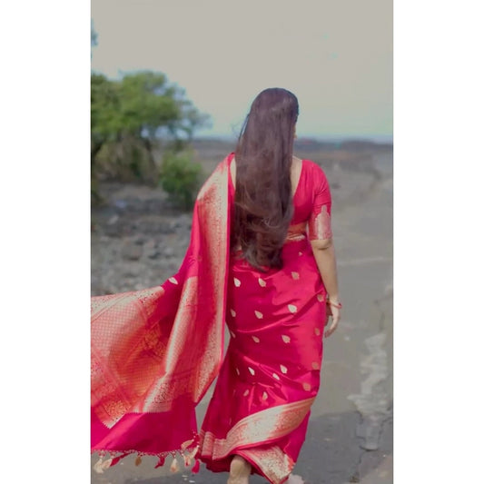 Generic Women's Soft Litchi Silk Jacquard Work Saree With Unstitched Blouse 5.5Mtr (Pink)