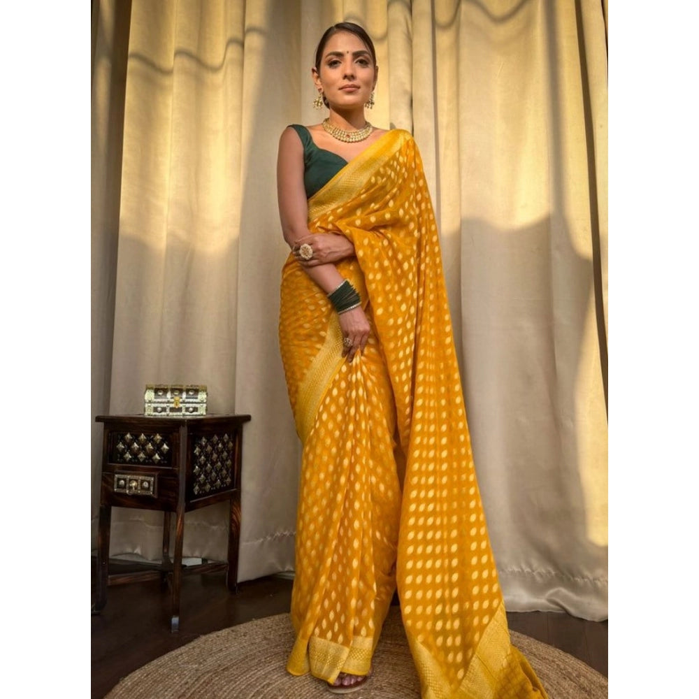 Generic Women's Soft Litchi Silk Jacquard Work Saree With Unstitched Blouse 5.5Mtr (Yellow)