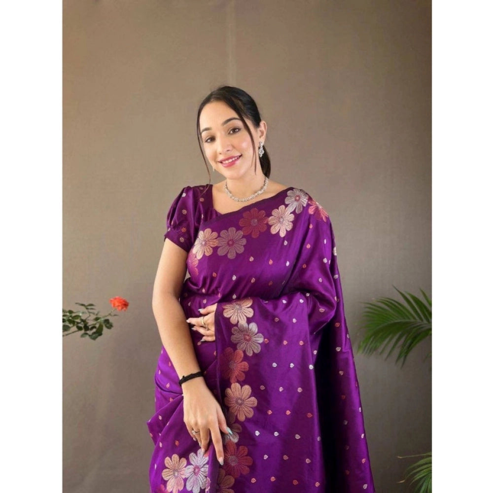 Generic Women's Soft Litchi Silk Jacquard Work Saree With Unstitched Blouse 5.5Mtr (Purple)