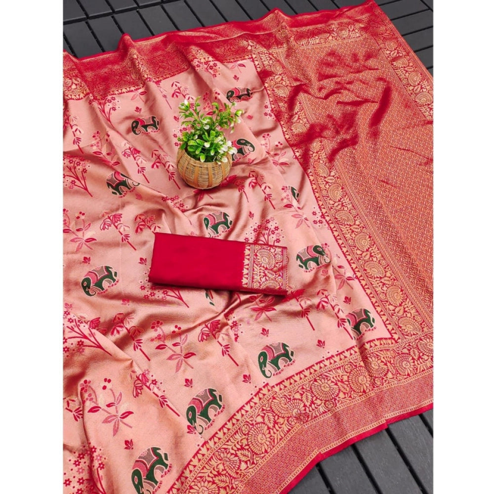 Generic Women's Soft Litchi Silk Jacquard Work Saree With Unstitched Blouse 5.5Mtr (Pink)