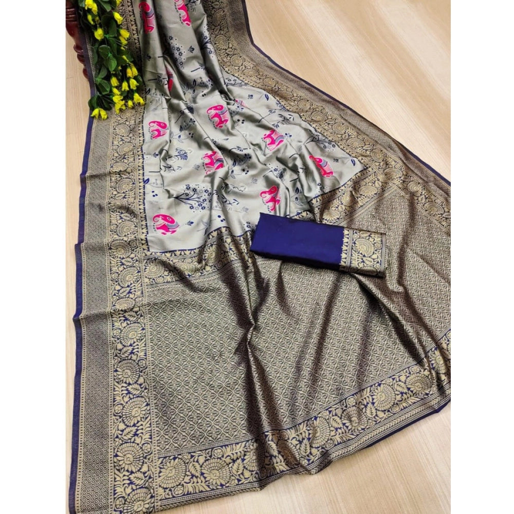 Generic Women's Soft Litchi Silk Jacquard Work Saree With Unstitched Blouse 5.5Mtr (Blue)