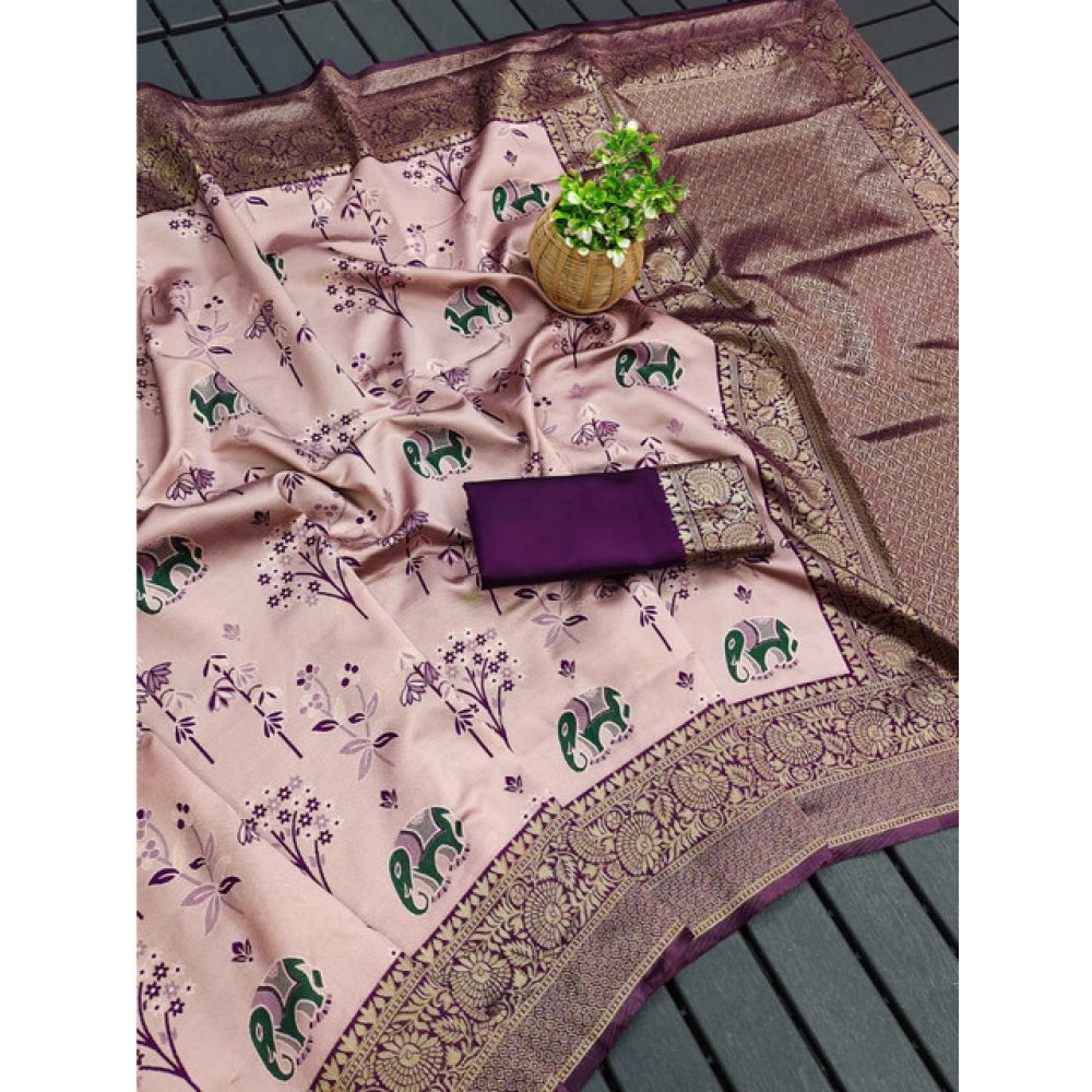 Generic Women's Soft Litchi Silk Jacquard Work Saree With Unstitched Blouse 5.5Mtr (Purple)