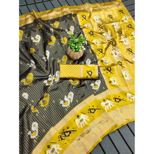 Generic Women's Soft Litchi Silk Jacquard Work Saree With Unstitched Blouse 5.5Mtr (Black)