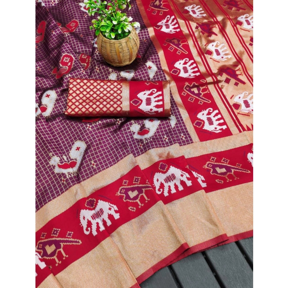 Generic Women's Soft Litchi Silk Jacquard Work Saree With Unstitched Blouse 5.5Mtr (Purple)