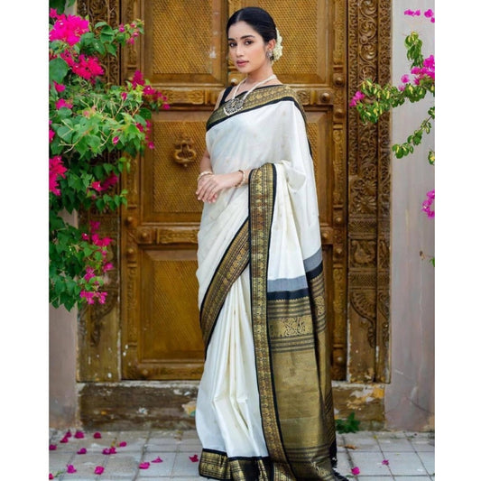 Generic Women's Soft Litchi Silk Jacquard Work Saree With Unstitched Blouse 5.5Mtr (White)