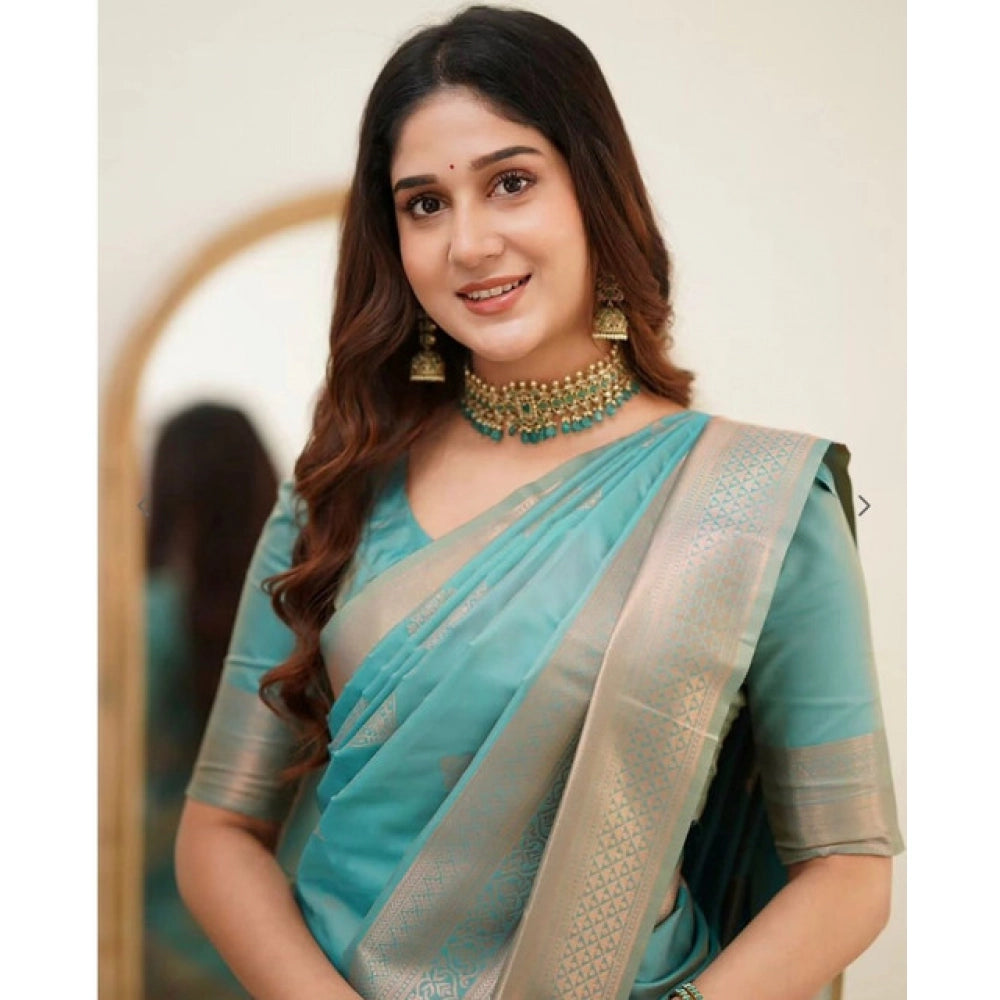 Generic Women's Soft Litchi Silk Jacquard Work Saree With Unstitched Blouse 5.5Mtr (Light Blue)