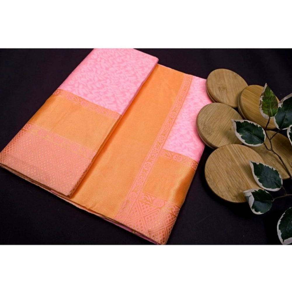 Generic Women's Soft Litchi Silk Jacquard Work Saree With Unstitched Blouse 5.5Mtr (Pink)