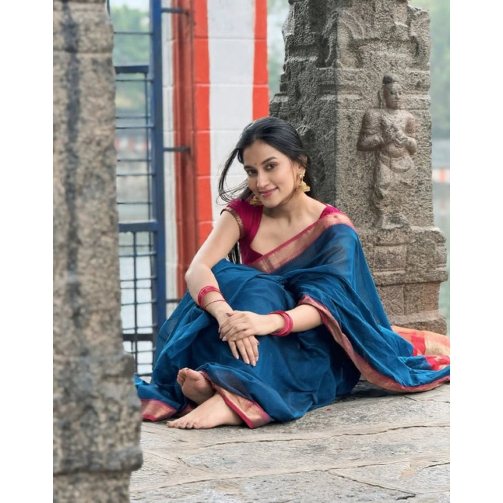 Generic Women's Soft Litchi Silk Jacquard Work Saree With Unstitched Blouse 5.5Mtr (Blue)