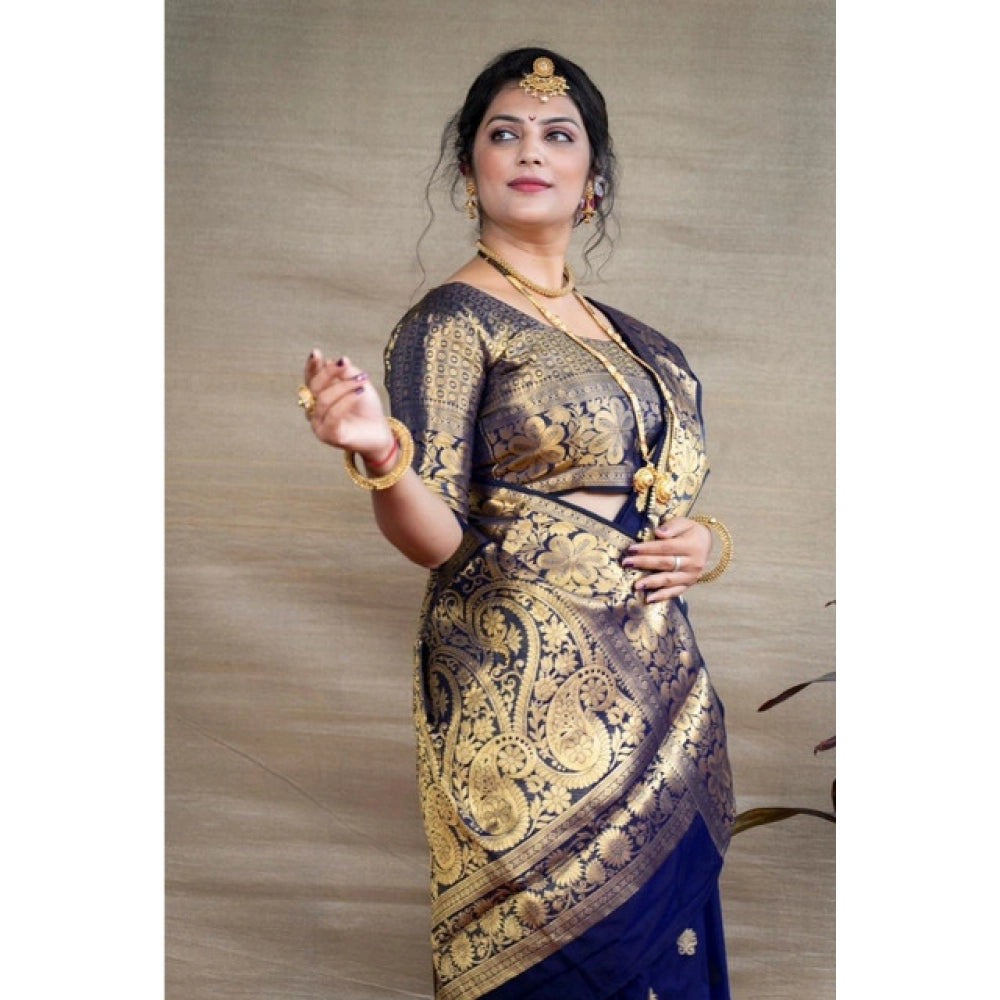 Generic Women's Soft Litchi Silk Jacquard Work Saree With Unstitched Blouse 5.5Mtr (Blue)