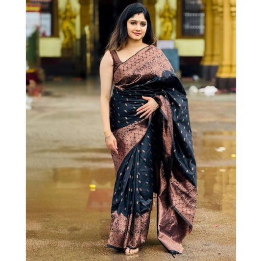 Generic Women's Soft Litchi Silk Jacquard Work Saree With Unstitched Blouse 5.5Mtr (Black)