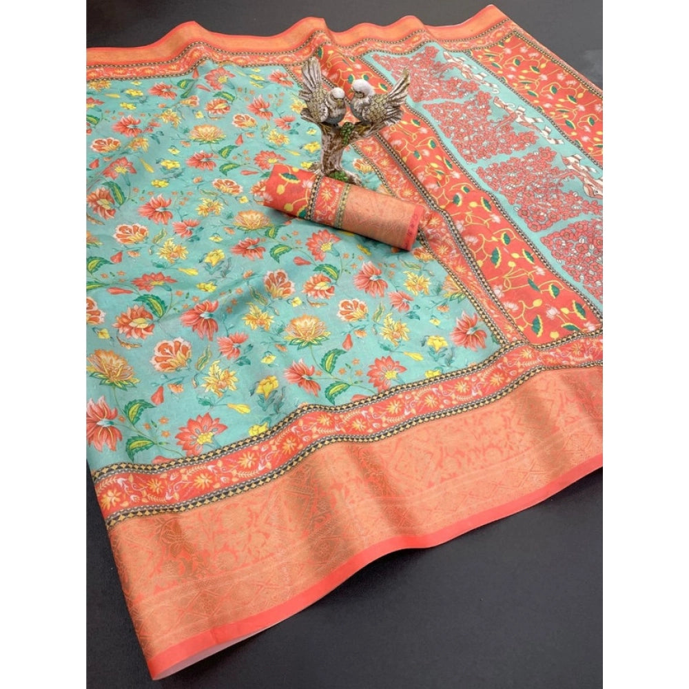 Generic Women's Soft Dola Cotton Printed Saree With Unstitched Blouse 5.5Mtr (Green)