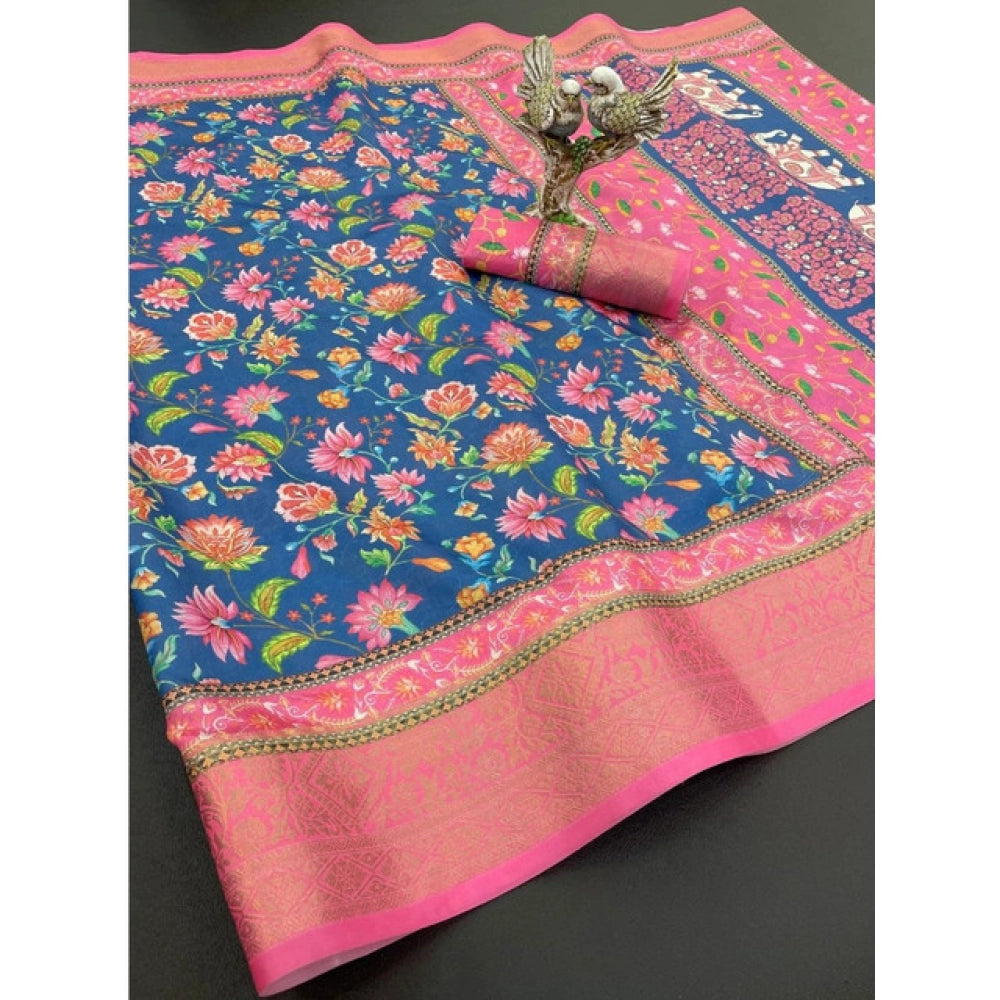 Generic Women's Soft Dola Cotton Printed Saree With Unstitched Blouse 5.5Mtr (Blue)