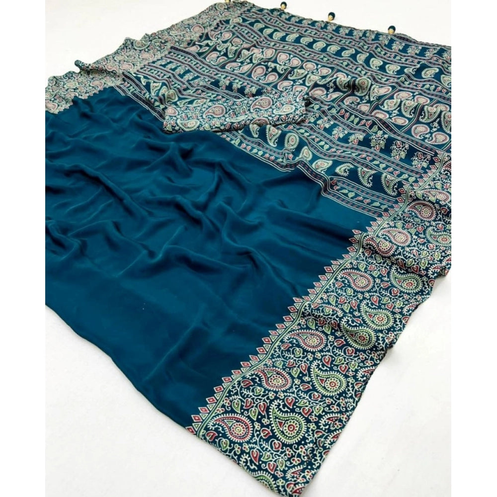 Generic Women's Gajji Soft Silk Printed Saree With Unstitched Blouse 5.5Mtr (Blue)