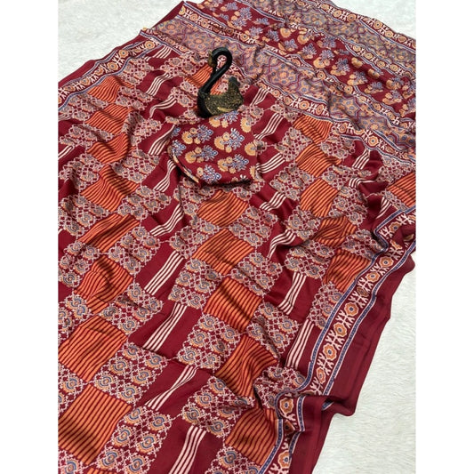 Generic Women's Gajji Soft Silk Printed Saree With Unstitched Blouse 5.5Mtr (Maroon)