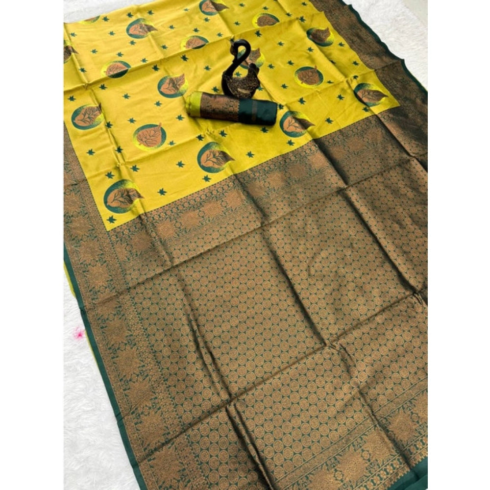 Generic Women's Banarasi Silk Jacquard Work Saree With Unstitched Blouse 5.5Mtr (Yellow)