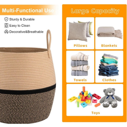 Generic Cotton Matka With Handle 14x12 Inch Storage Basket For Clothes (Beige Black)