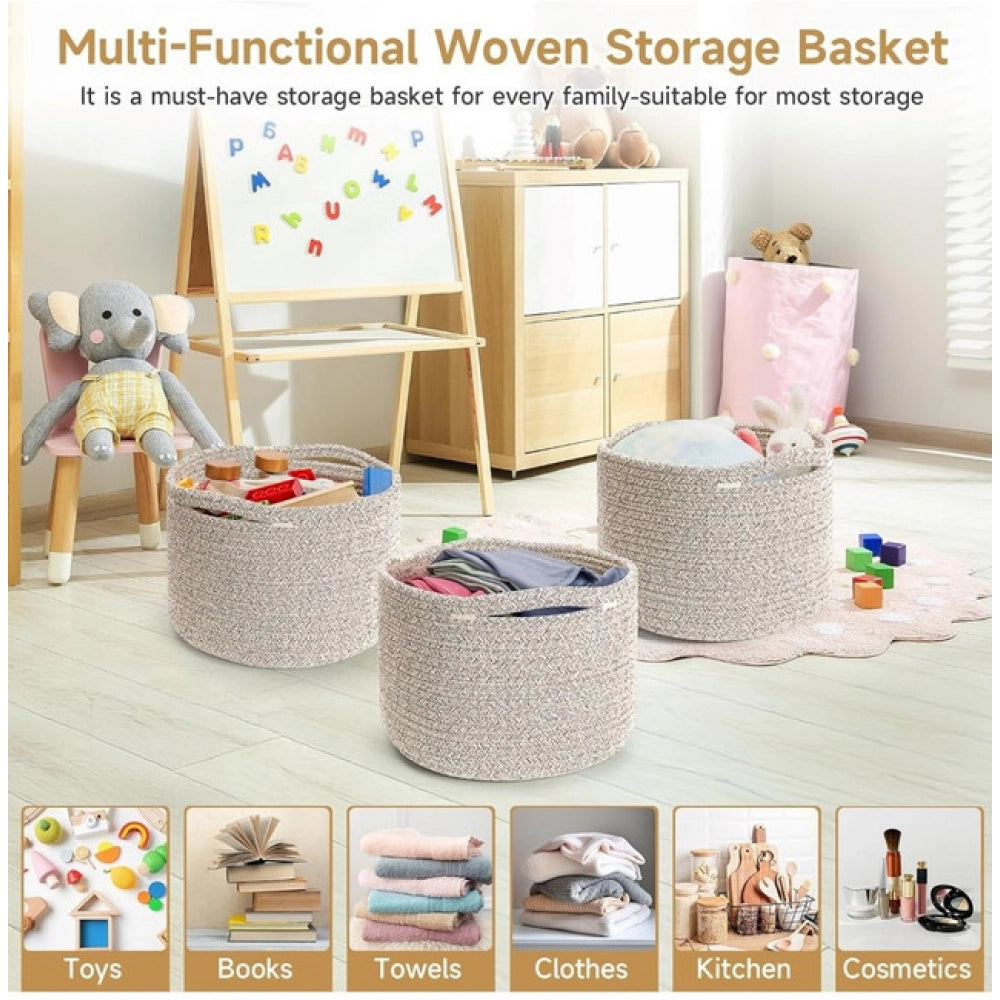 Generic Cotton Kidi 9x7 Inch Pack of 3 Storage Basket For Clothes (Light Brown)