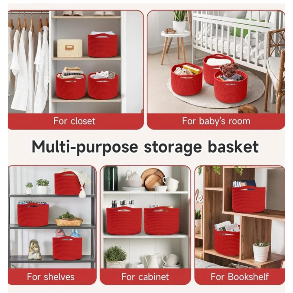 Generic Cotton 9x7 Inch Pack of 3 Storage Basket For Clothes (Red)