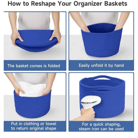Generic Cotton 9x7 Inch Pack of 3 Storage Basket For Clothes (Royal Blue)