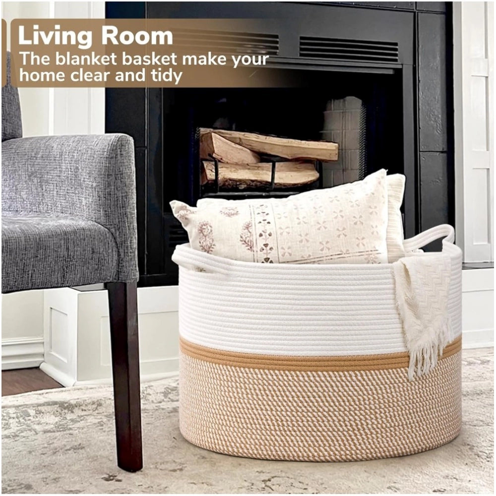 Generic Cotton Dori 16x14 Inch Storage Basket For Clothes (White-Beige White)