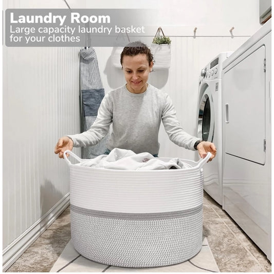 Generic Cotton Dori 16x14 Inch Storage Basket For Clothes (White-Gray White)