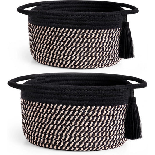 Generic Cotton 8x4 Inch Round 2 Set With Jhalar Bedside Organizer (Black Beige)