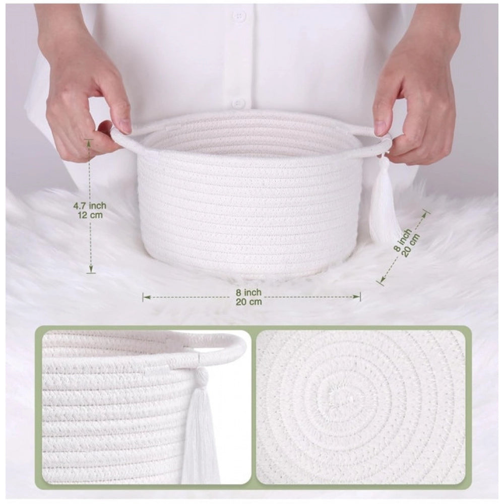 Generic Cotton 8x4 Inch Round 2 Set With Jhalar Bedside Organizer (White)