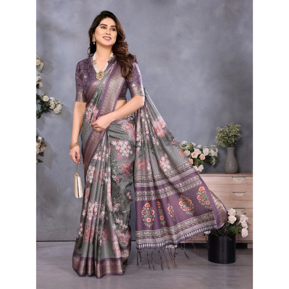 Generic Women's Cotton Silk Printed Saree With Unstitched Blouse 5.5Mtr (Wine )